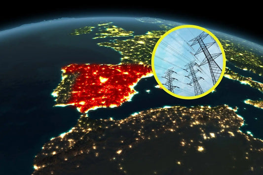 Vista aérea de España con zonas oscuras tras el apagón eléctrico del 28 de abril de 2025