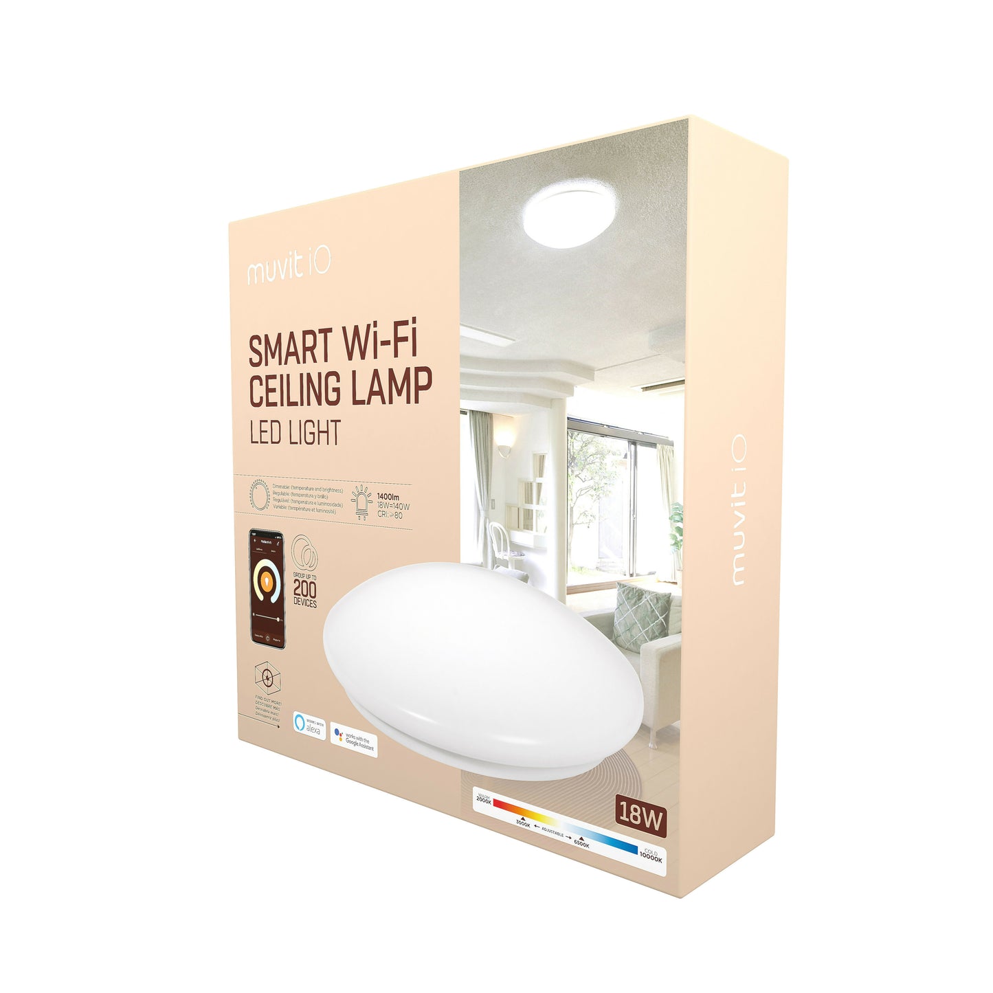 muvit iO lámpara de techo WIFI Blanco + CCT 1400Lm,18W y 15000h compatible con asistentes de voz